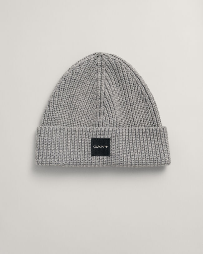 Ribstrikket beanie i bomuld