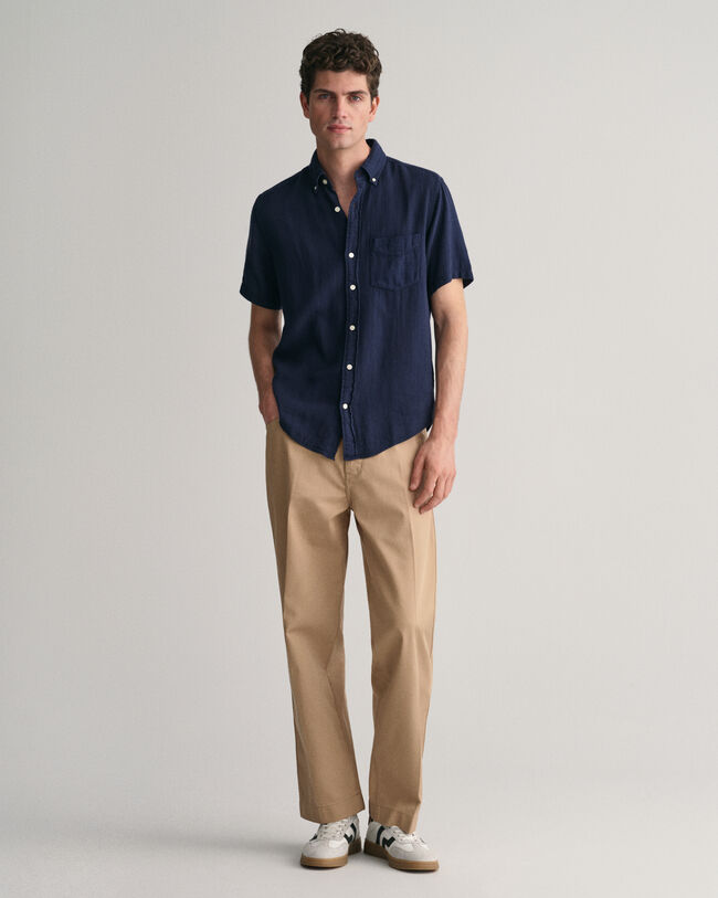 Regular fit Textured skjorte af bomuld og h&oslash;r med korte &aelig;rmer