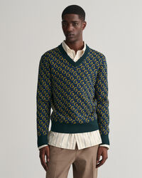 Sweater i merinould med jacquard og V-hals