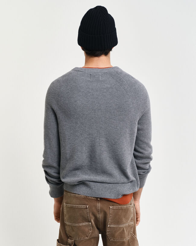 Ribstrikket crewneck sweater af bomuld og uld