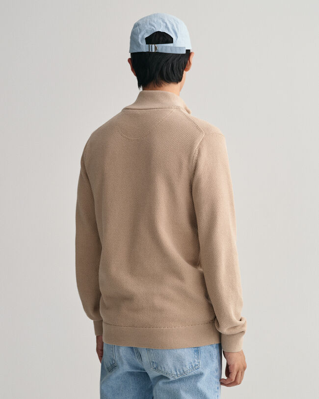 Cardigan af bomuldspiqu&eacute; med lynl&aring;s