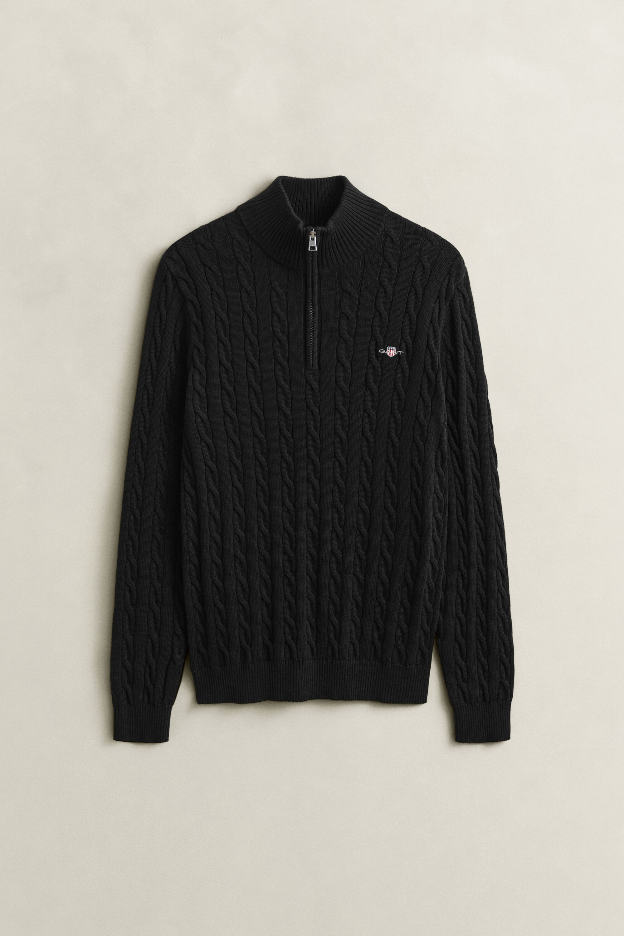 Kabelstrikket sweater af bomuld med halv lynlås