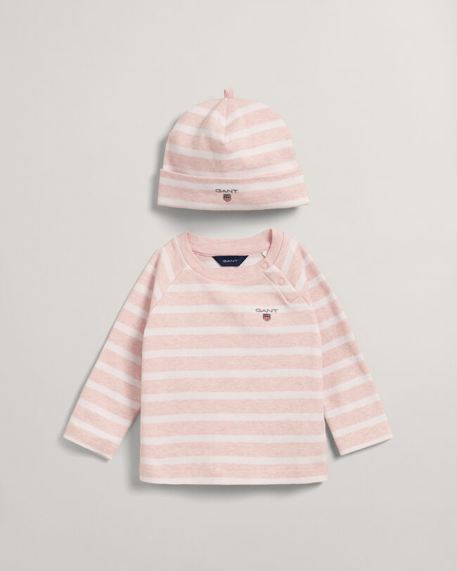 Baby stribet top og beanie