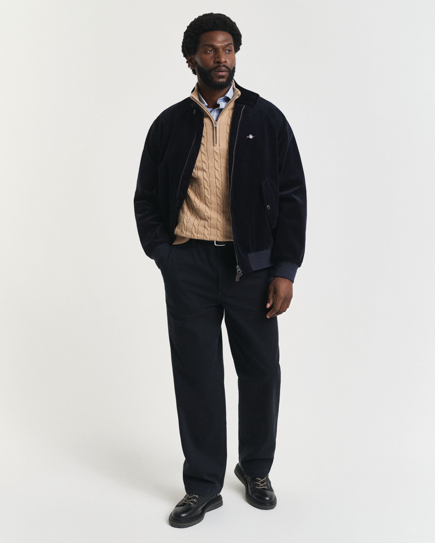 Kabelstrikket sweater af bomuld med halv lynlås