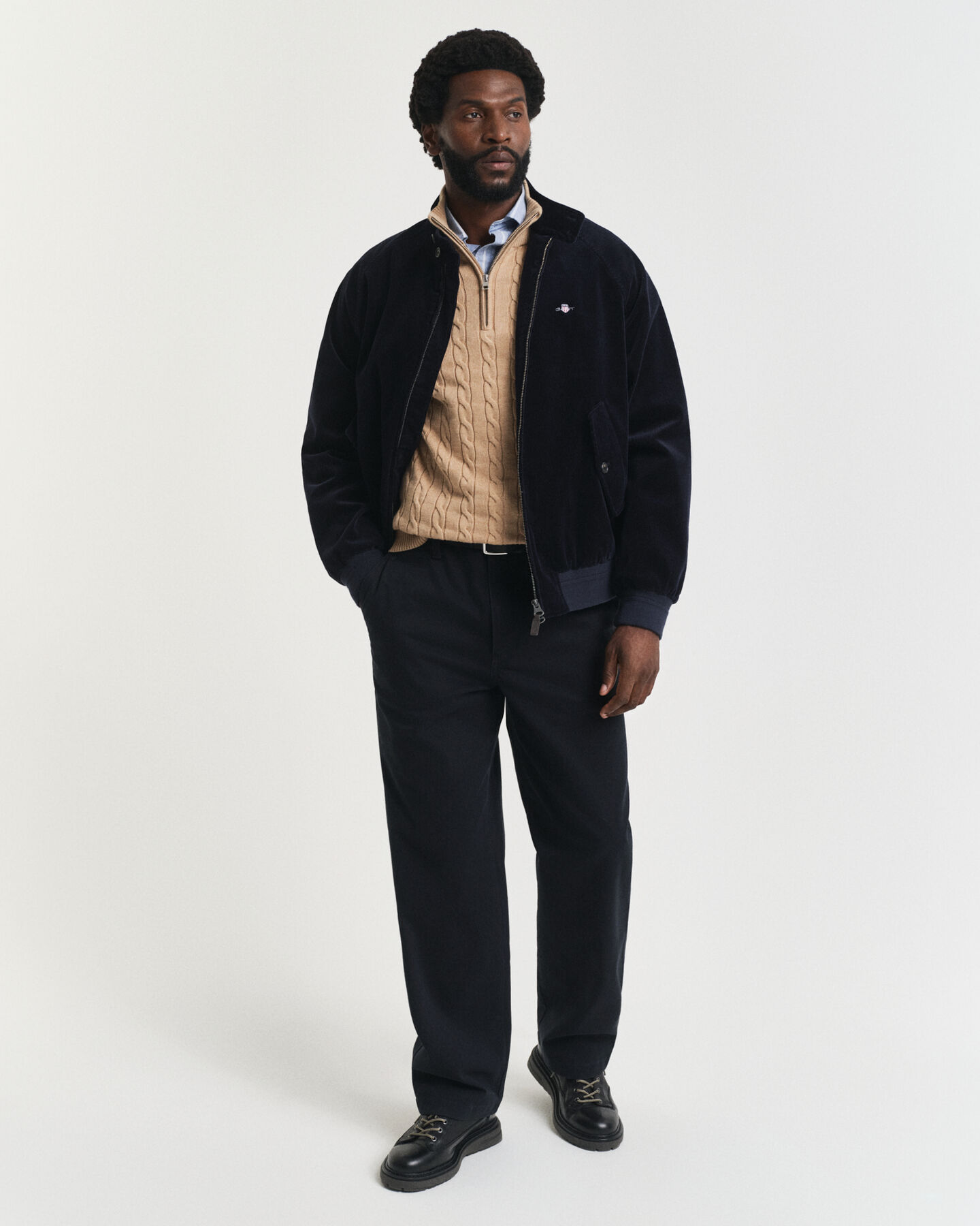 Kabelstrikket sweater af bomuld med halv lynlås