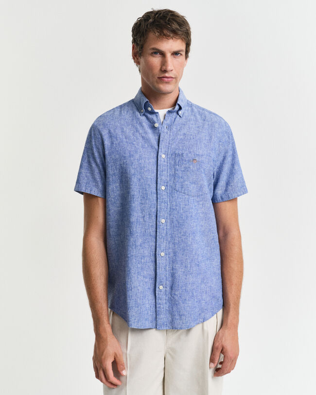 Regular fit skjorte af bomuldshør med korte ærmer