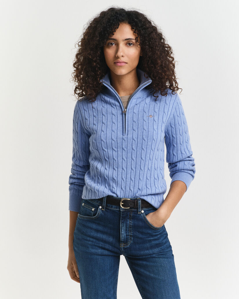 Kabelstrikket sweater af bomuld med stræk og halv lynlås