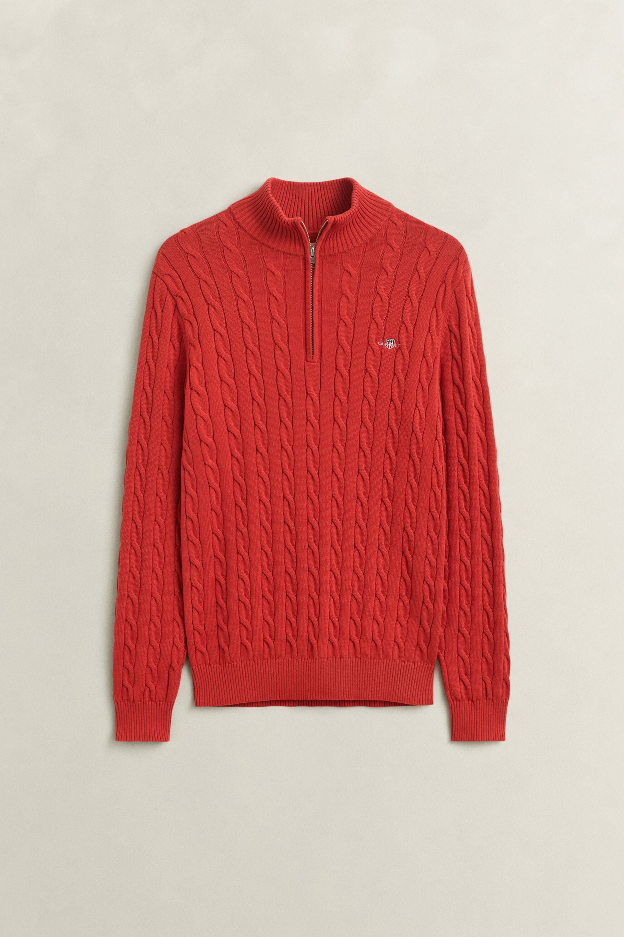 Kabelstrikket sweater af bomuld med halv lynlås