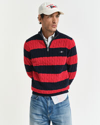 Stribet kabelstrikket sweater af bomuld med halv lynlås