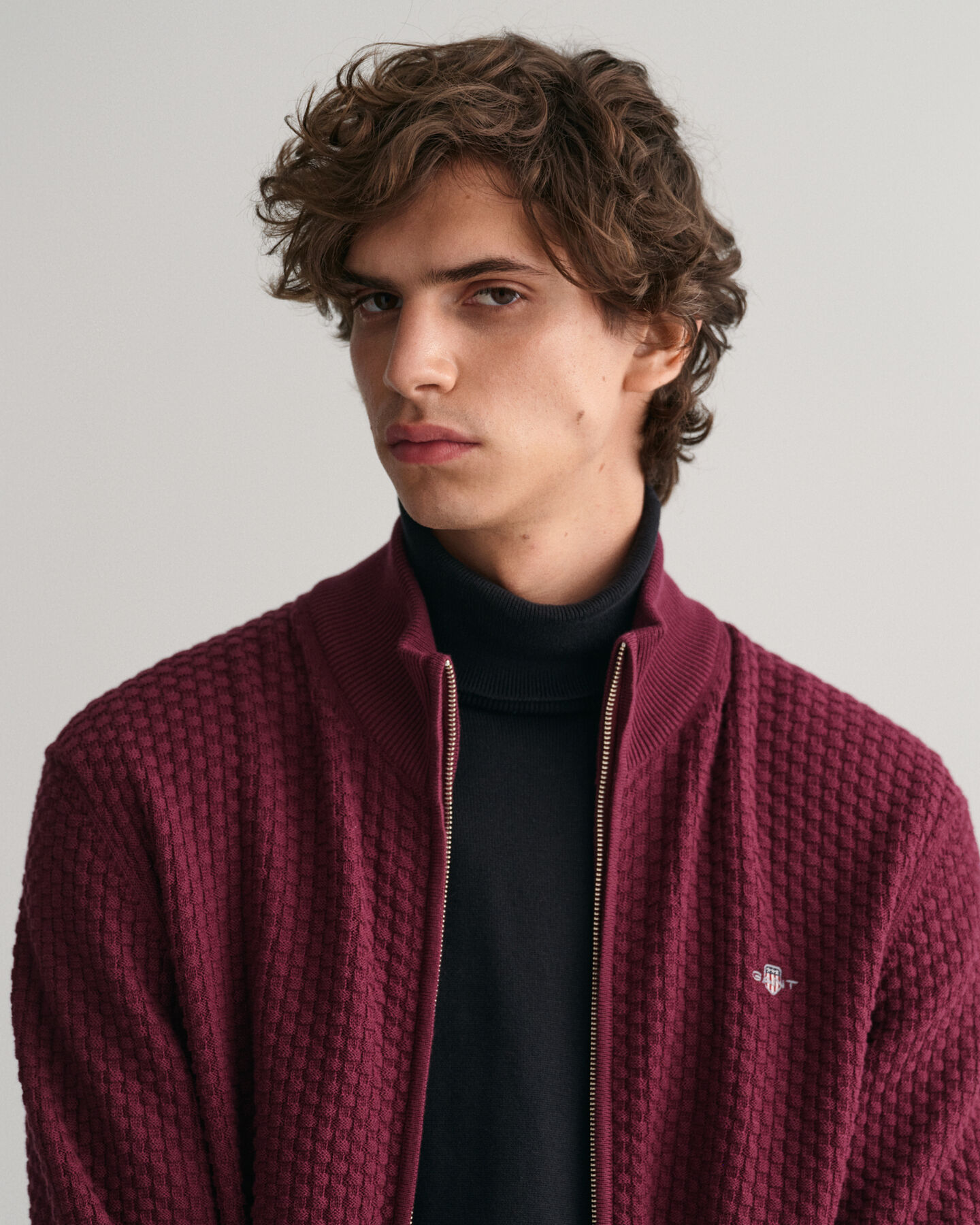 Tekstureret cardigan af bomuld med lynl&aring;s