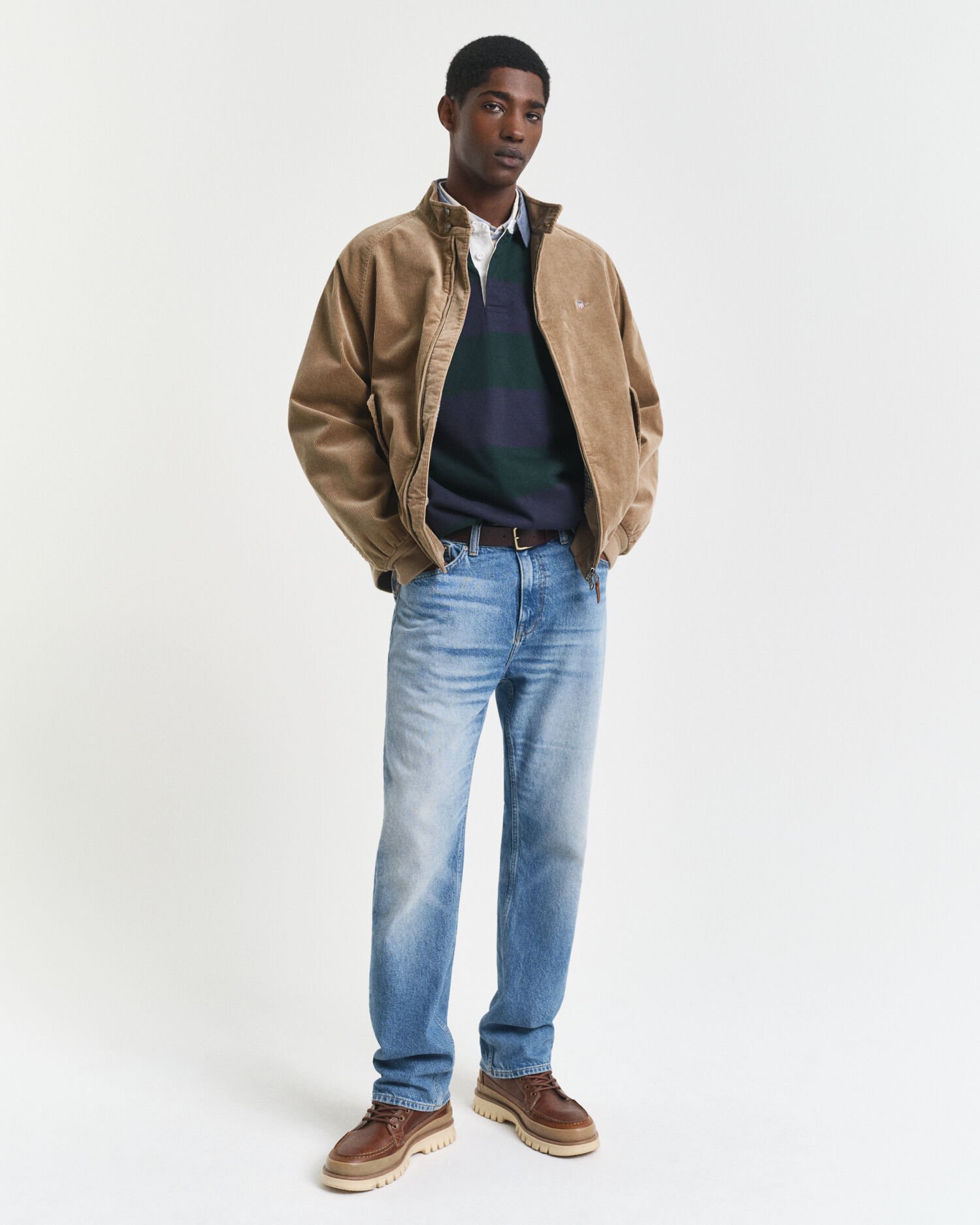 Stribet Heavy Rugger med krave i chambray