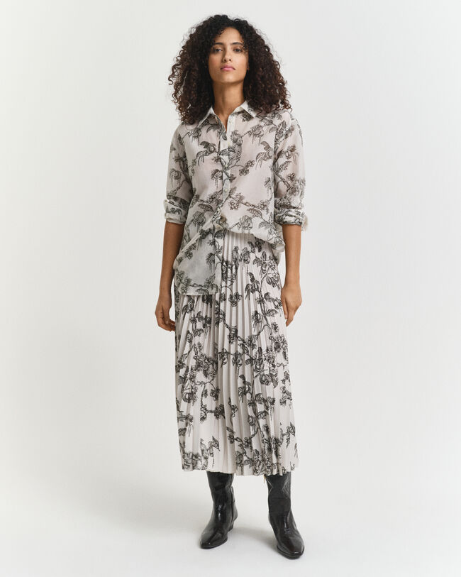 Plisseret midi-nederdel med træ-tryk