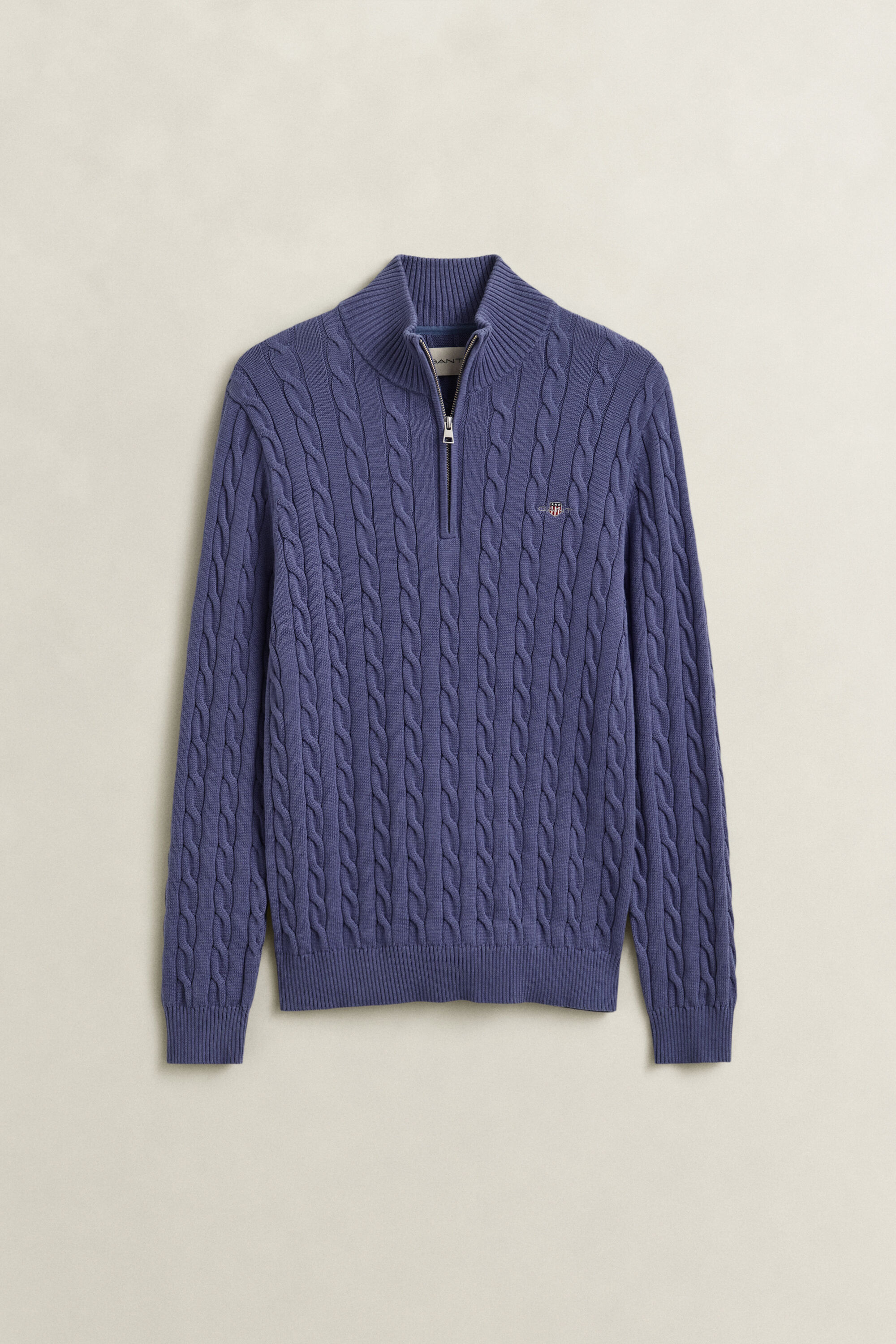 Kabelstrikket sweater af bomuld med halv lynlås