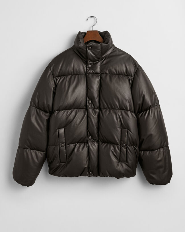 Pufferjakke i læder med gåsedun