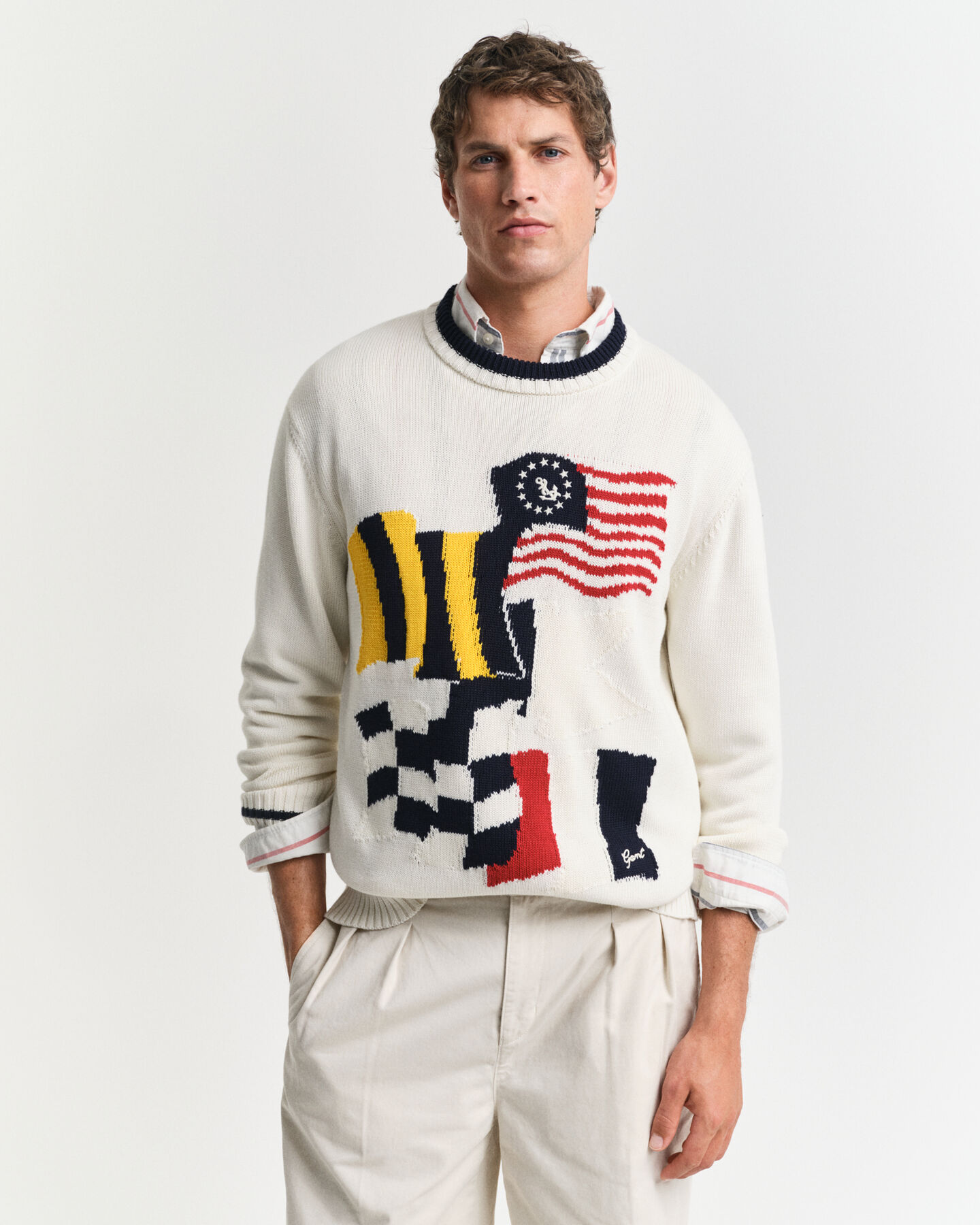 Flag intarsia crewneck sweater i bomuld