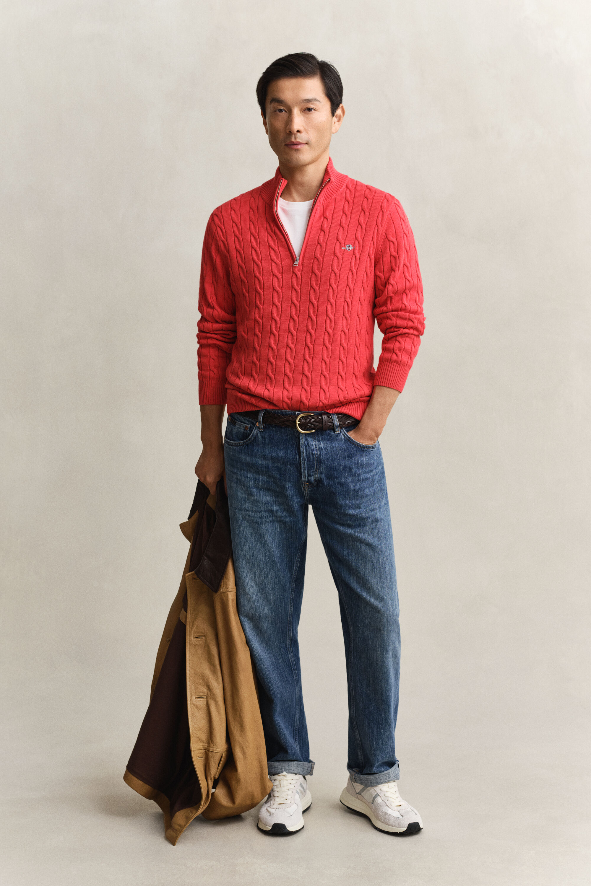 Kabelstrikket sweater af bomuld med halv lynlås