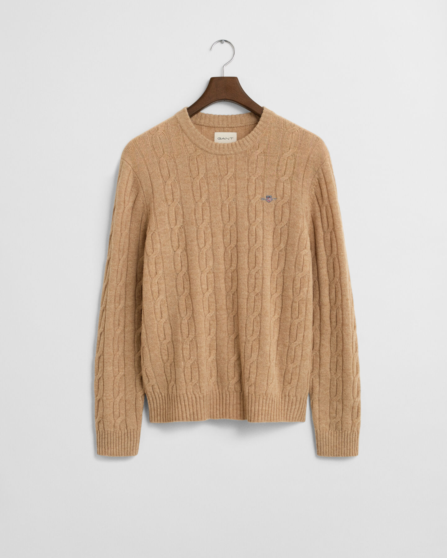 Crewneck sweater af lammeuld med kabelstrik
