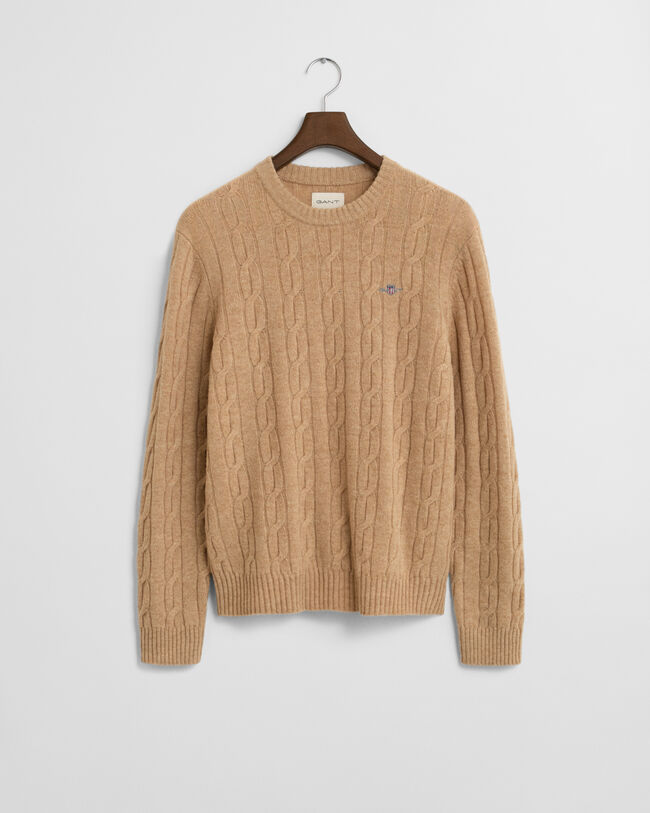 Crewneck sweater af lammeuld med kabelstrik