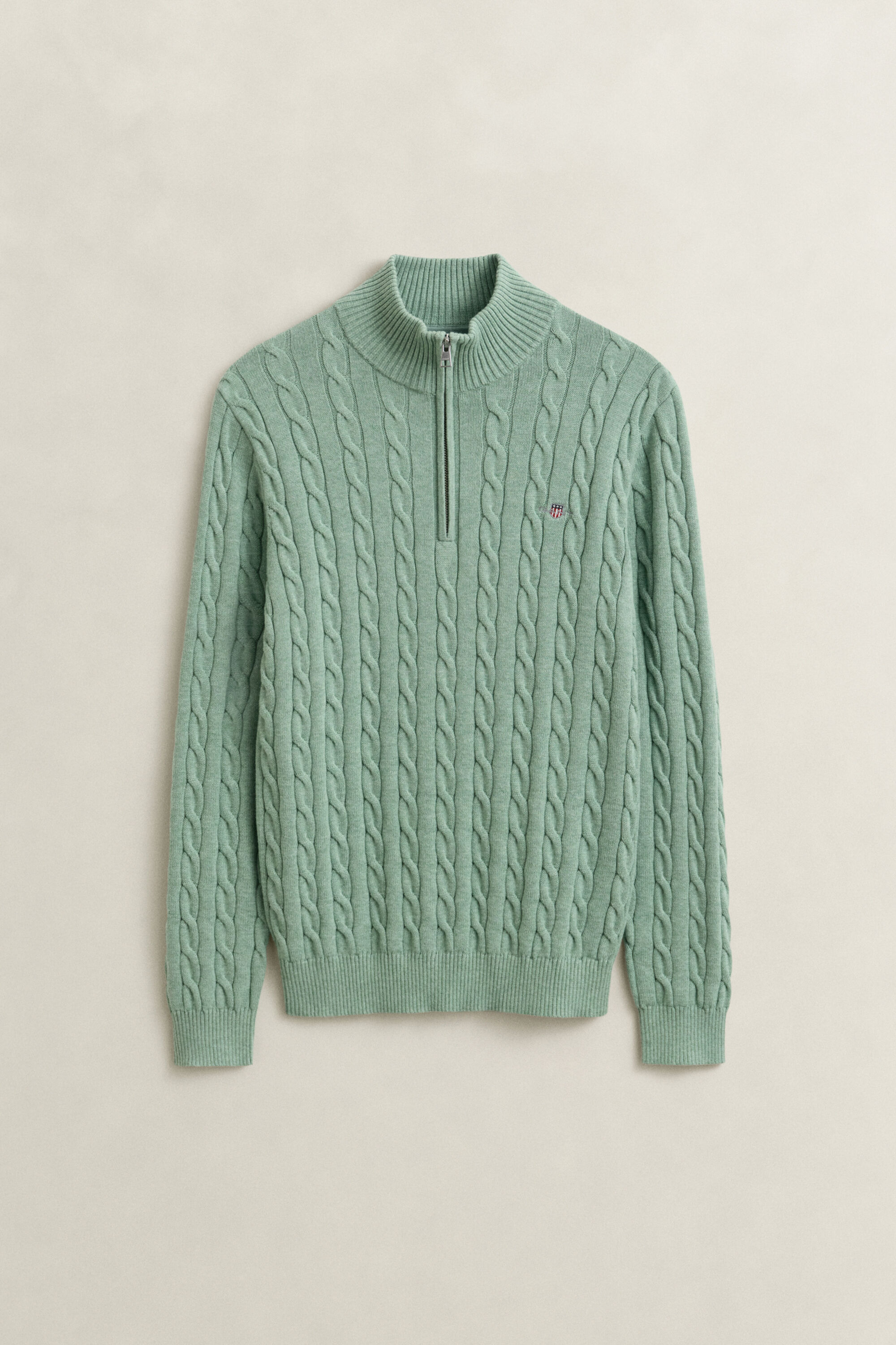 Kabelstrikket sweater af bomuld med halv lynlås