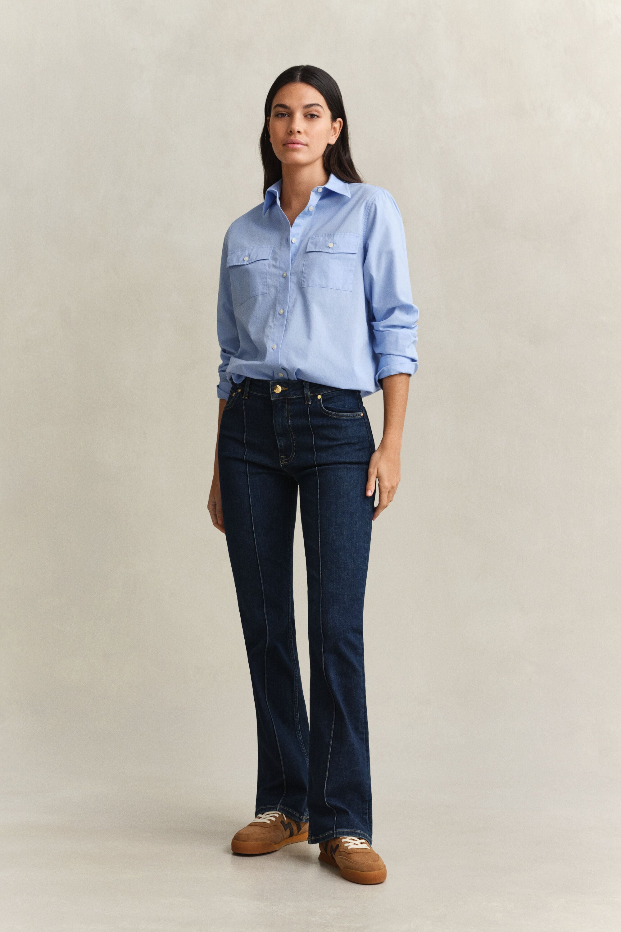 Slanke pintuck jeans med svaj