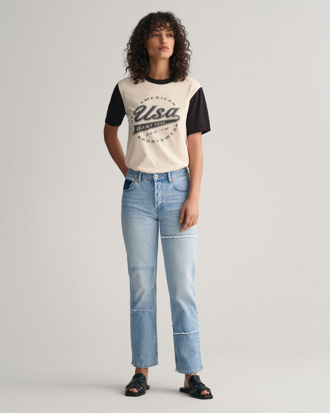 Patchwork jeans med h&oslash;j talje og lige ben