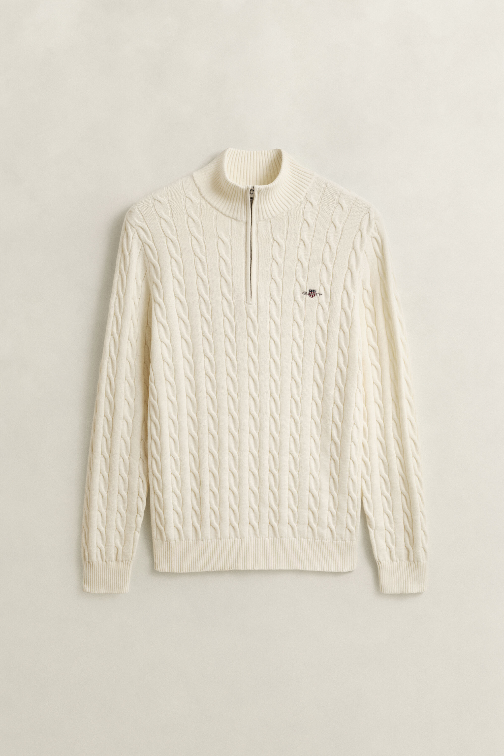Kabelstrikket sweater af bomuld med halv lynlås