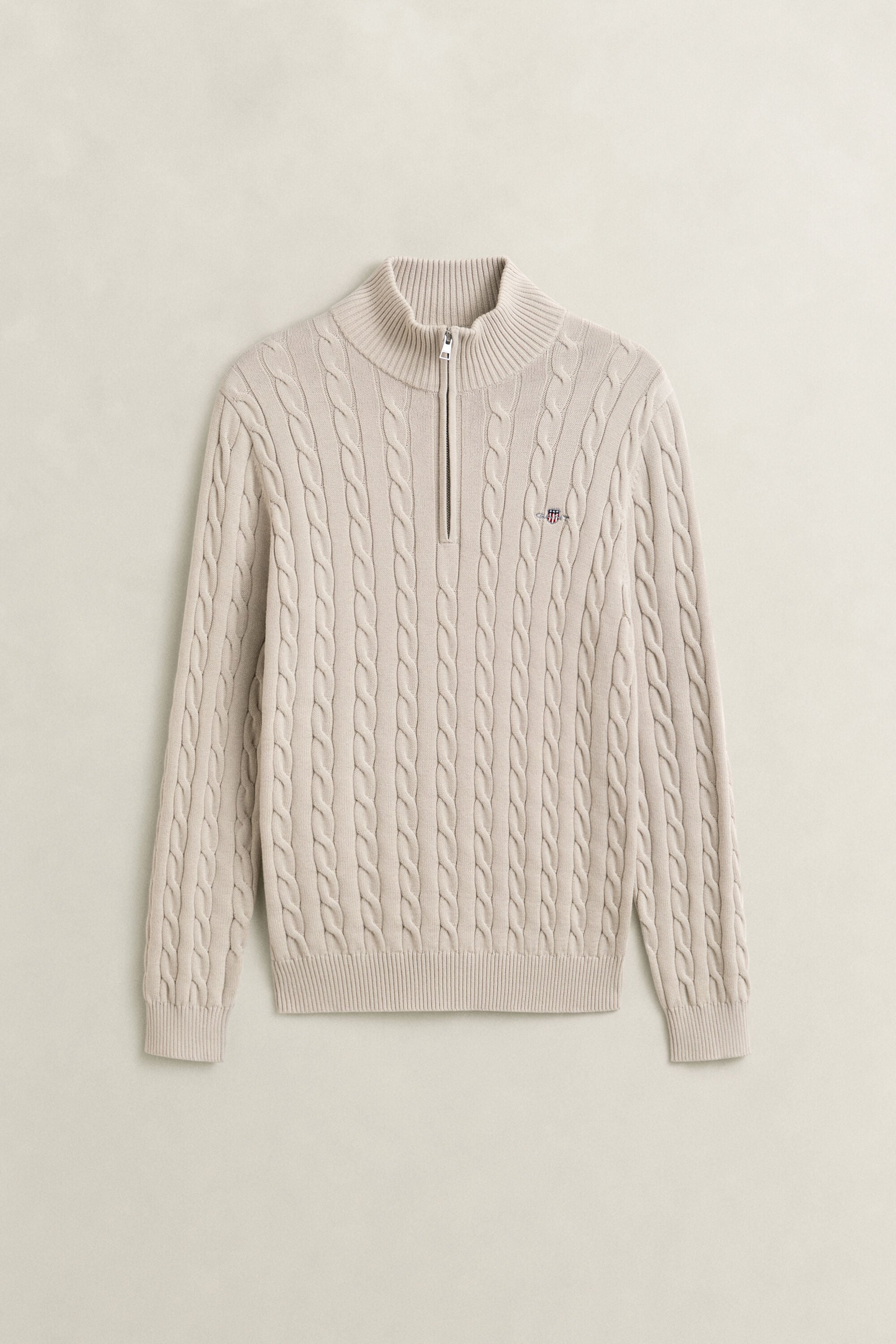 Kabelstrikket sweater af bomuld med halv lynlås