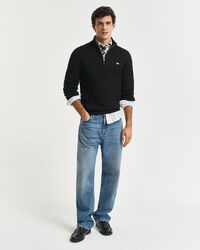 Kabelstrikket sweater af bomuld med halv lynlås