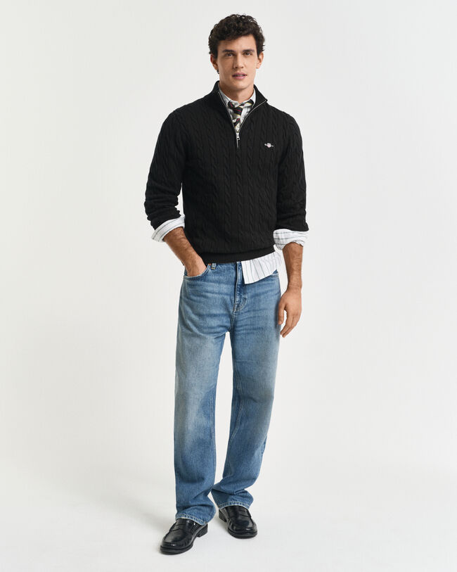 Kabelstrikket sweater af bomuld med halv lynlås