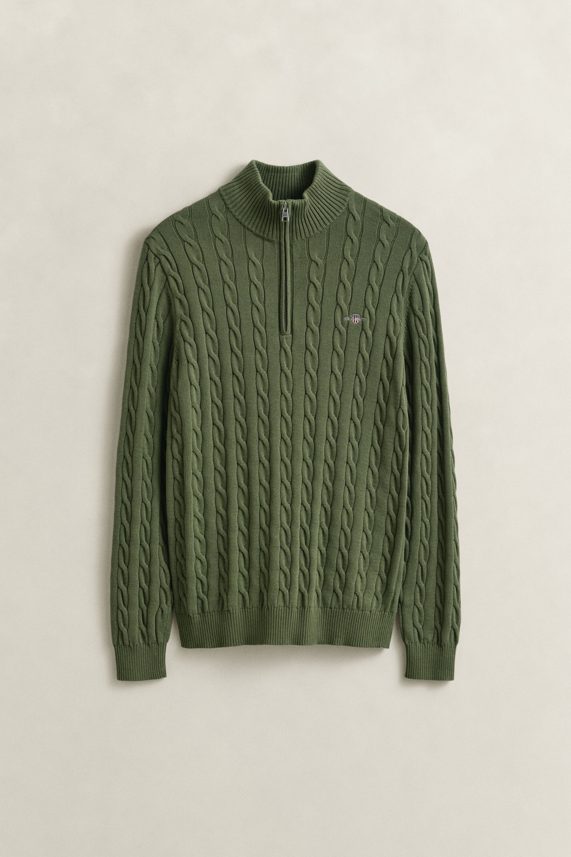 Kabelstrikket sweater af bomuld med halv lynlås