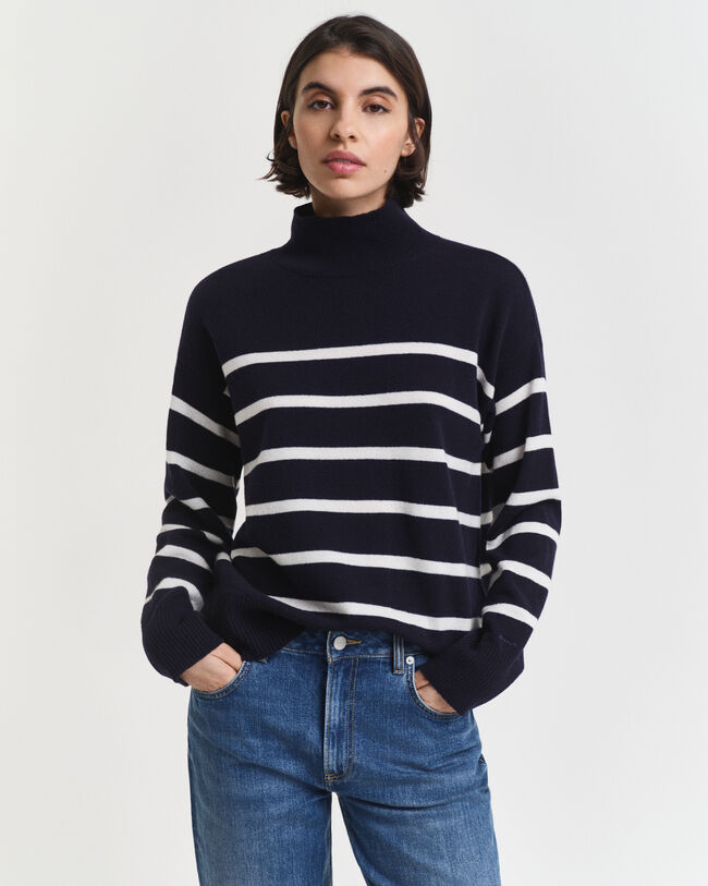 Stribet sweater med rullekrave af ekstra fin lammeuld
