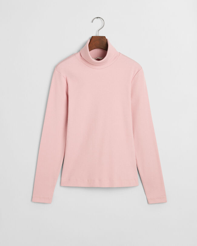 Ribstrikket langærmet top med rullekrave