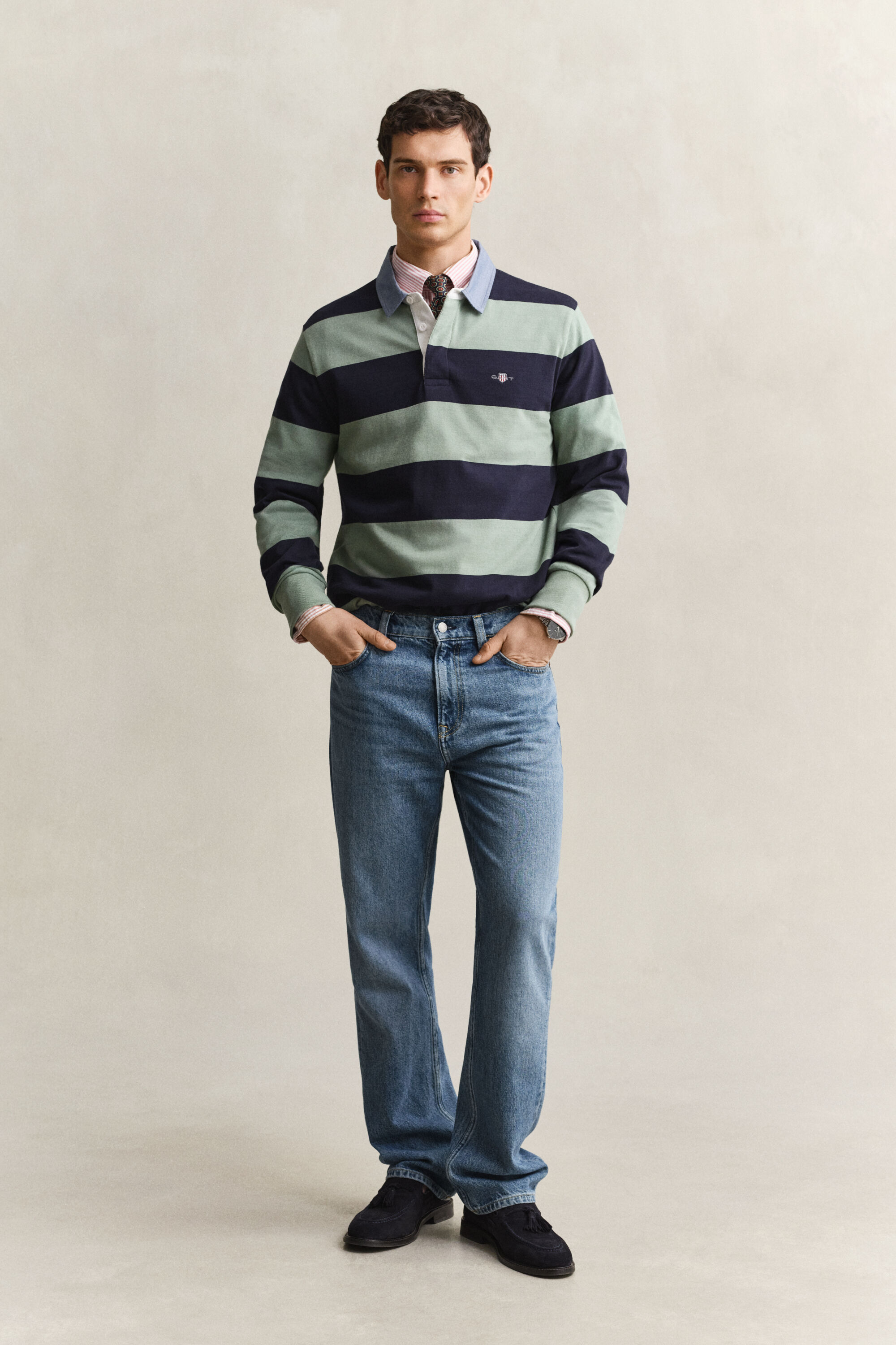 Stribet Heavy Rugger med krave i chambray