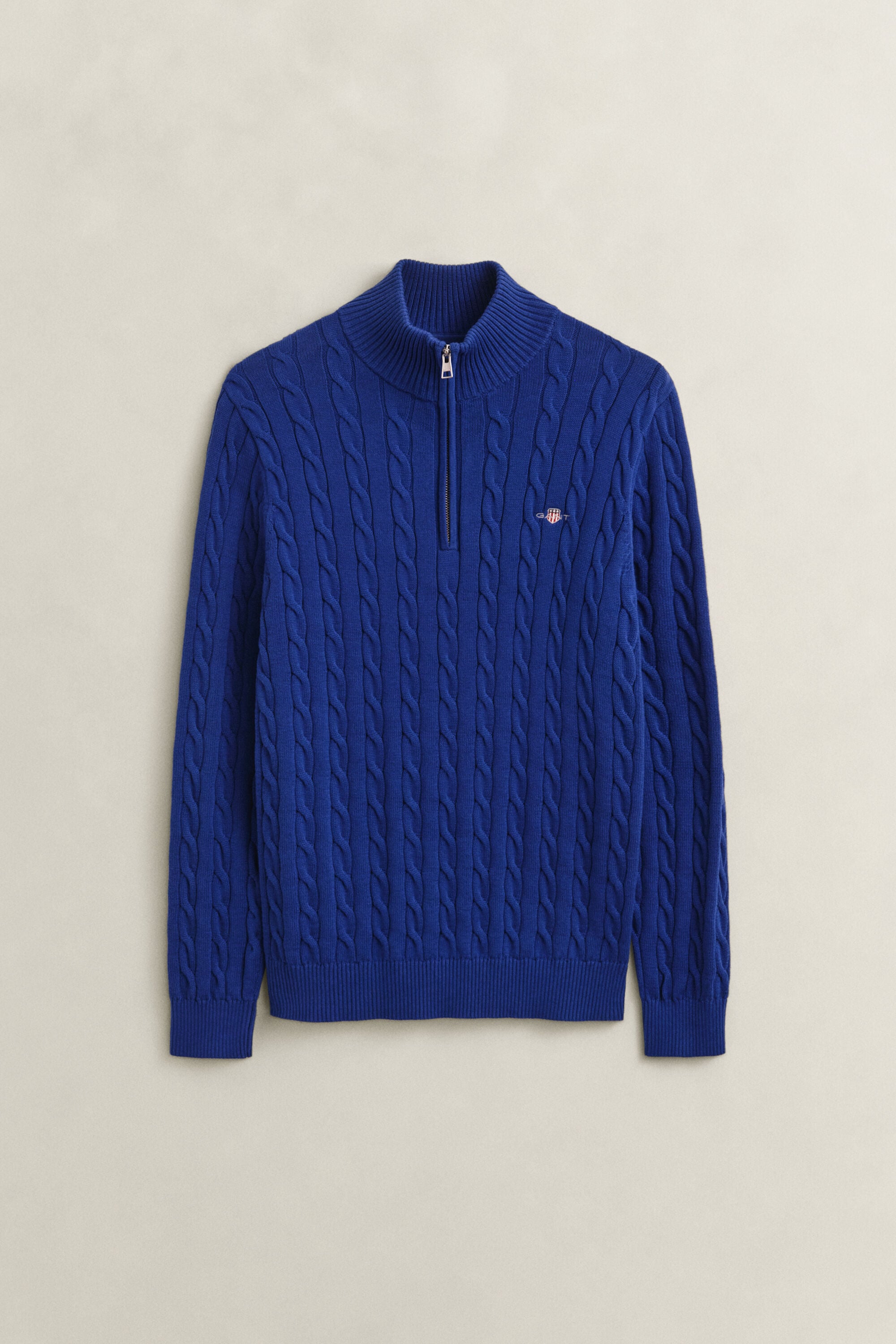 Kabelstrikket sweater af bomuld med halv lynlås