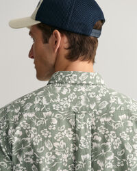 Regular fit skjorte af h&oslash;r og bomuld med blomstertryk og korte &aelig;rmer