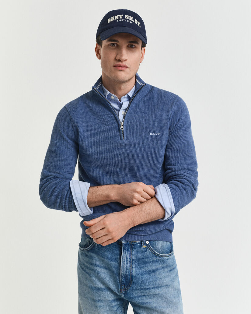 Bomuldspiqué sweater med halv lynlås