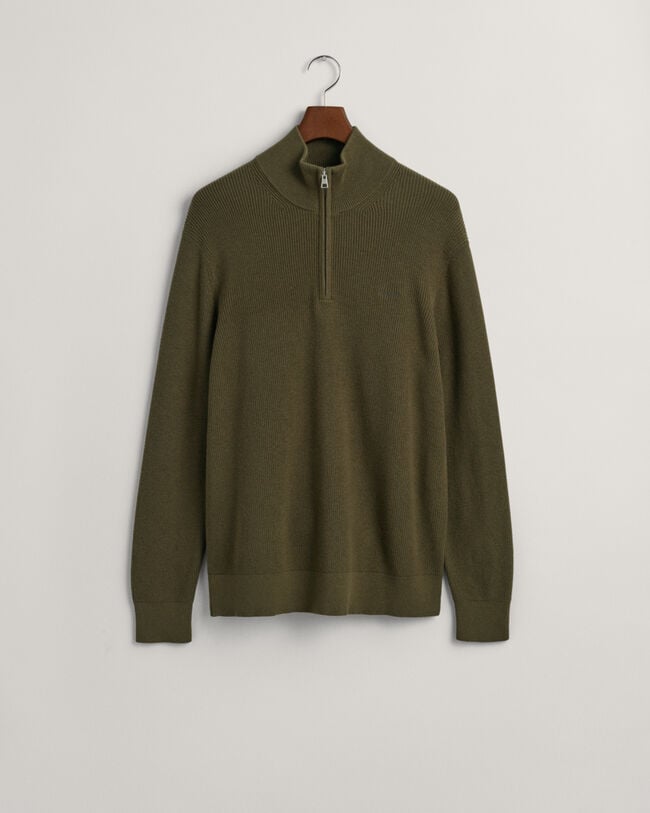 Ribstrikket sweater af bomuld og uld med halv lynlås