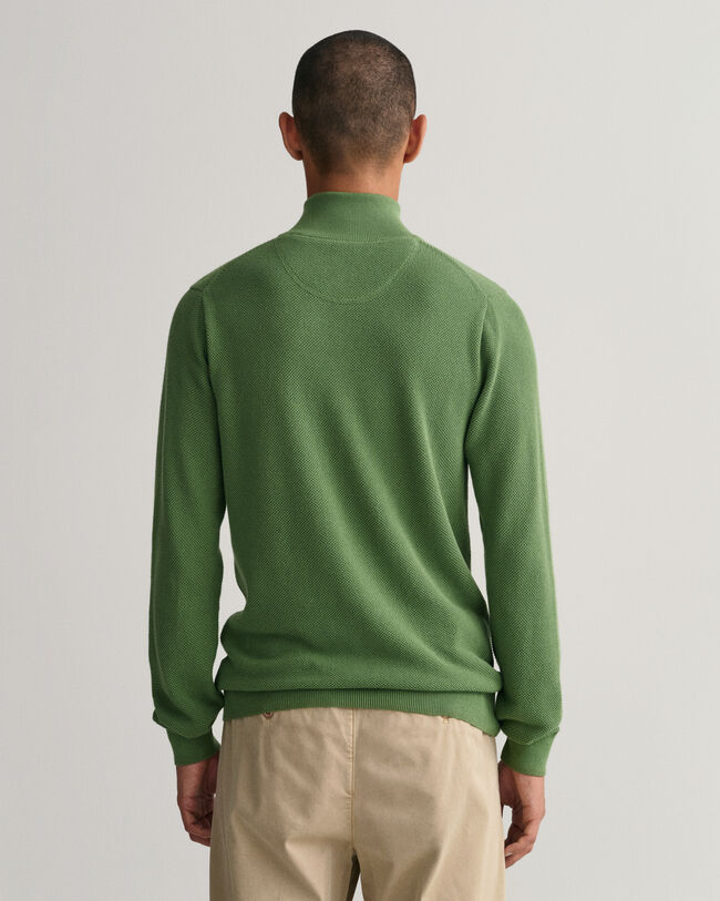 Bomuldspiqu&eacute; sweater med halv lynl&aring;s