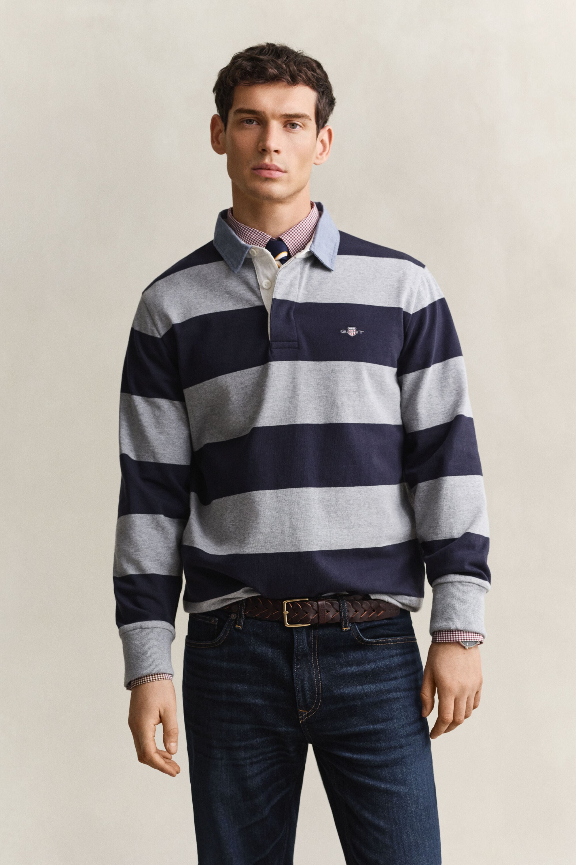 Stribet Heavy Rugger med krave i chambray