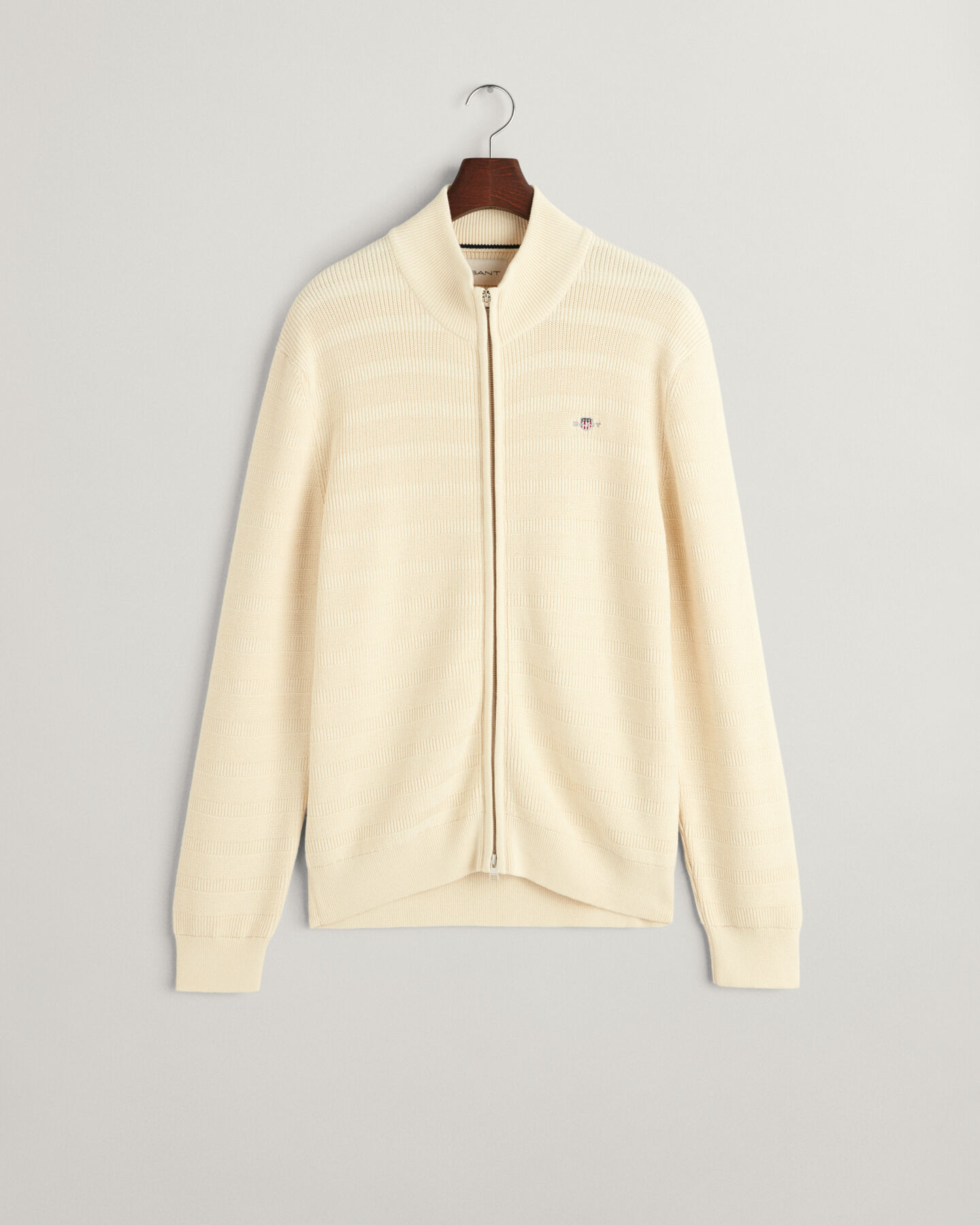 Stribet tekstureret cardigan af bomuld med lynl&aring;s