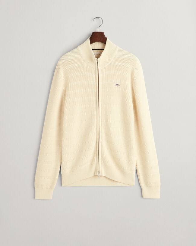 Stribet tekstureret cardigan af bomuld med lynl&aring;s