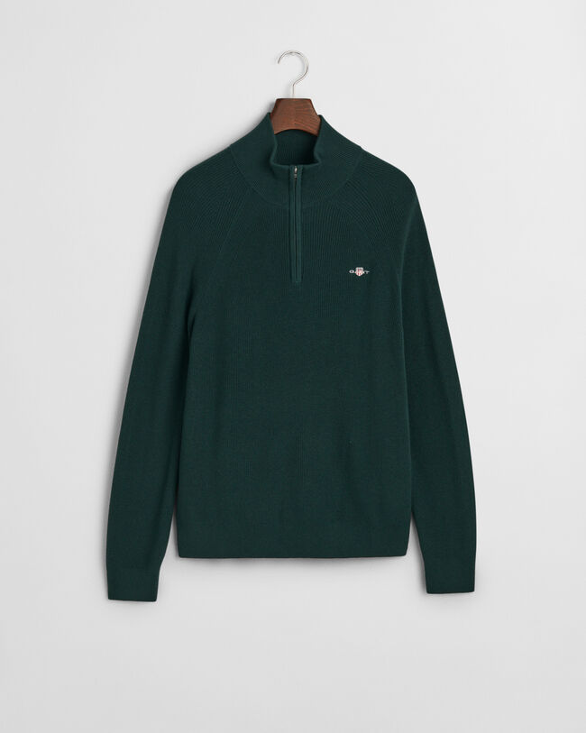 Ribstrikket sweater af bomuld og uld med halv lynlås