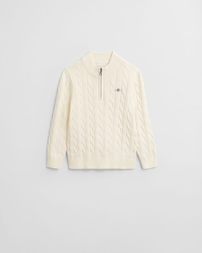 Kids sweater af bomuld med kabelstrik og halv lynlås