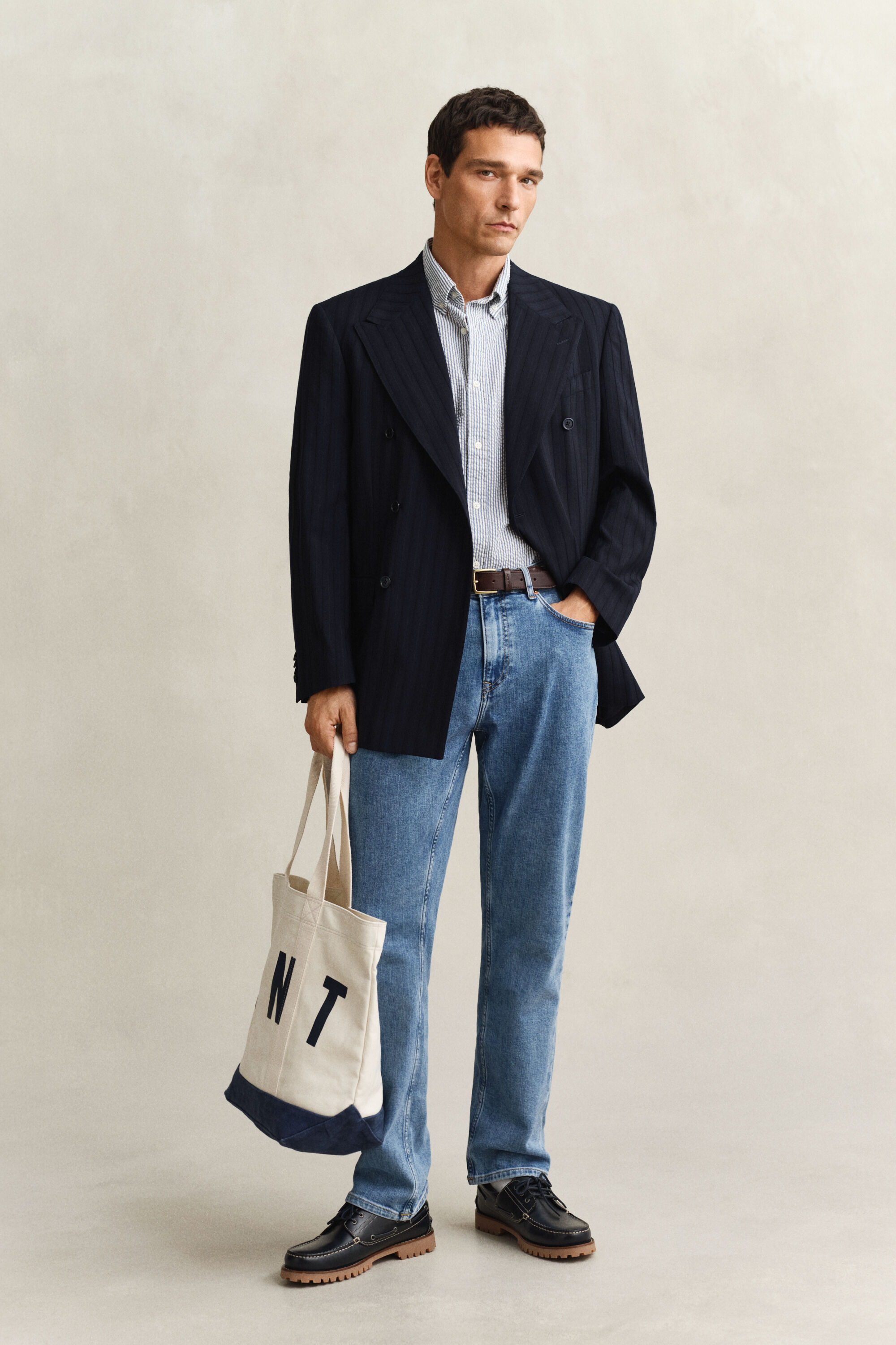 Stribet seersucker skjorte med korte ærmer