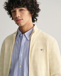 Stribet tekstureret cardigan af bomuld med lynl&aring;s