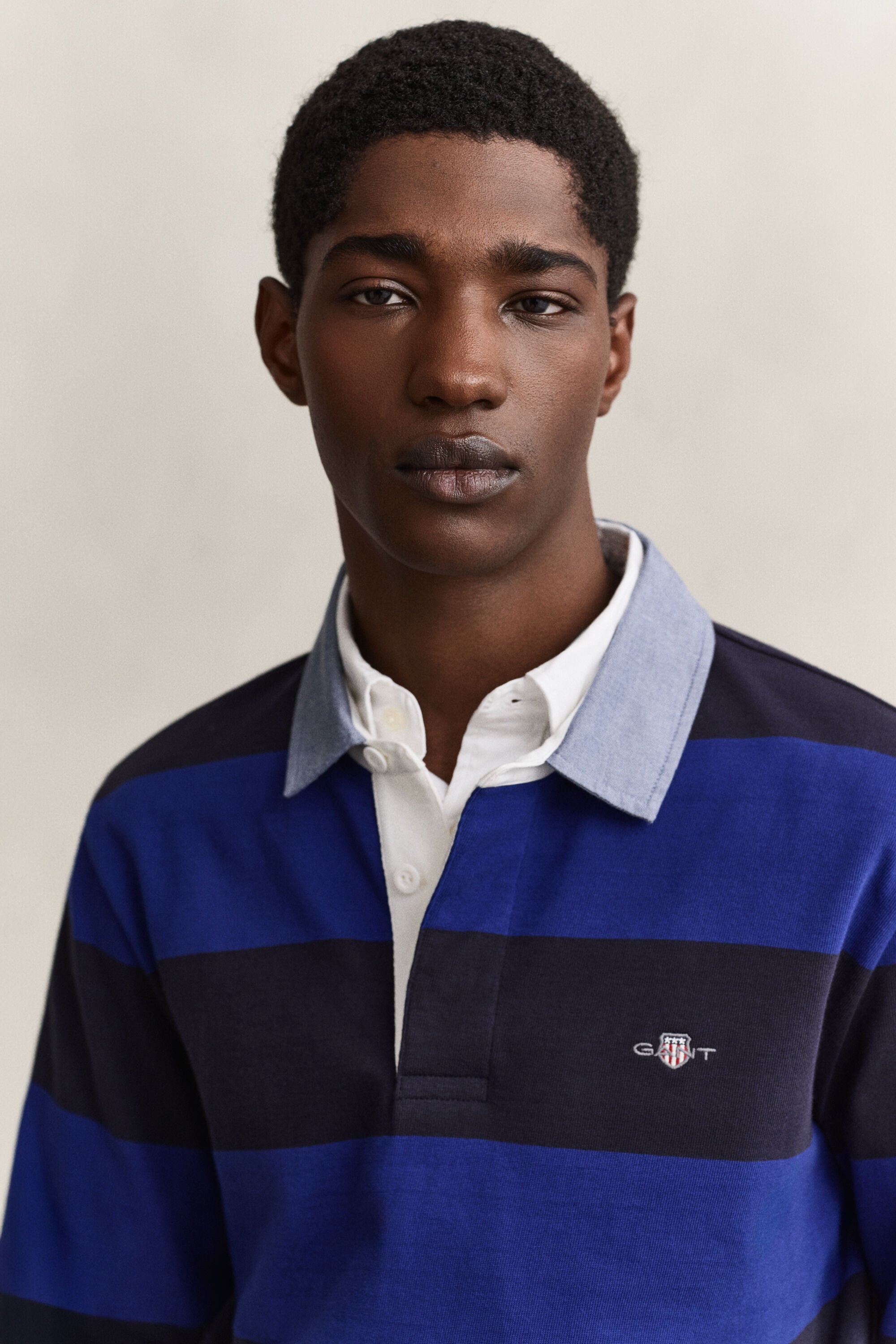 Stribet Heavy Rugger med krave i chambray