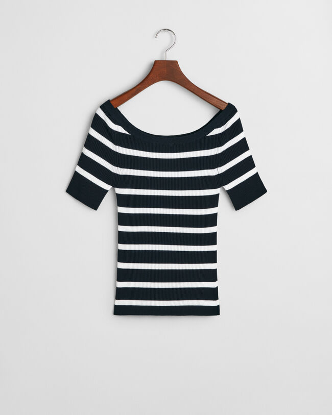 Stribet off-shoulder top i ribstrik