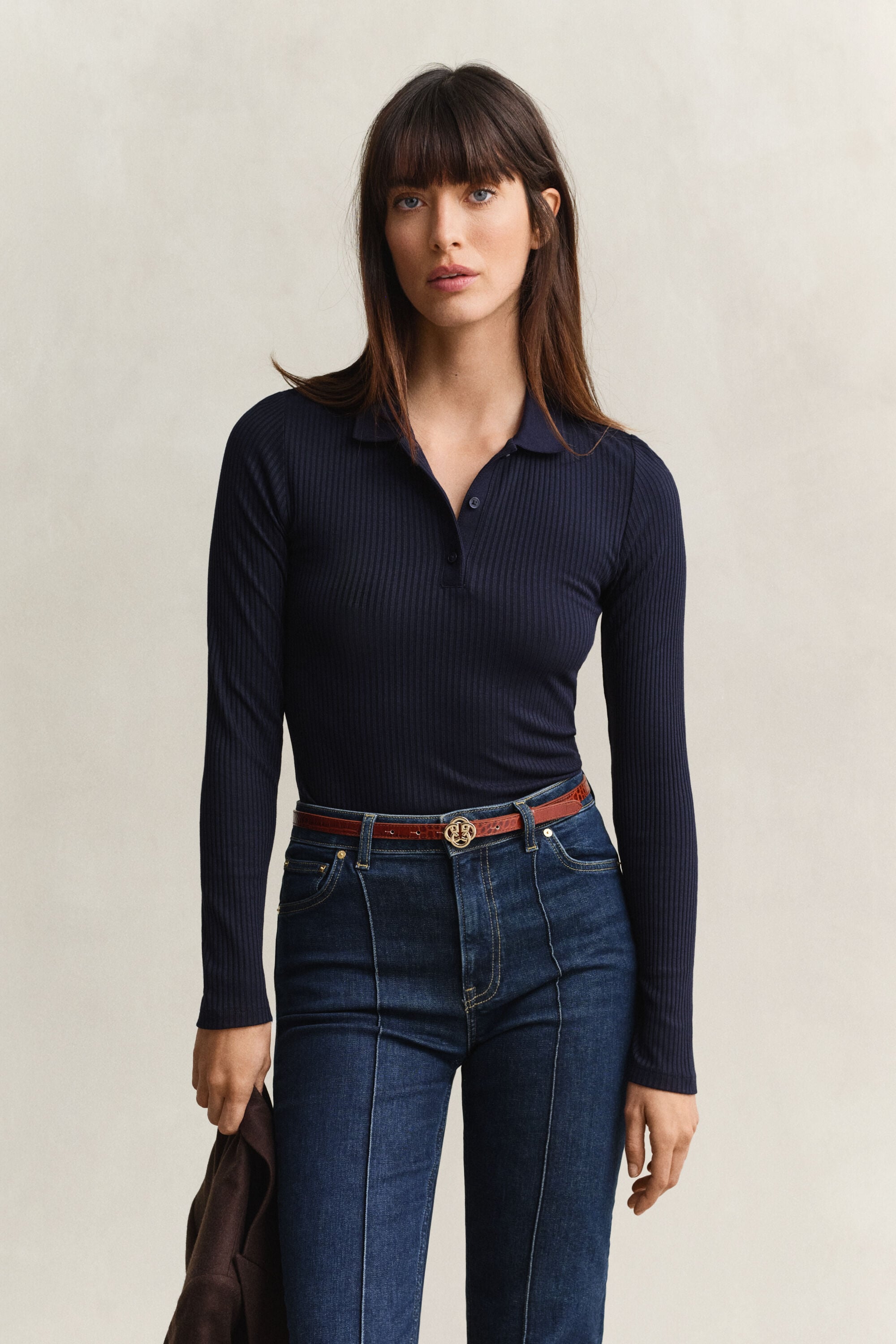 Slim ribstrikket polo-top
