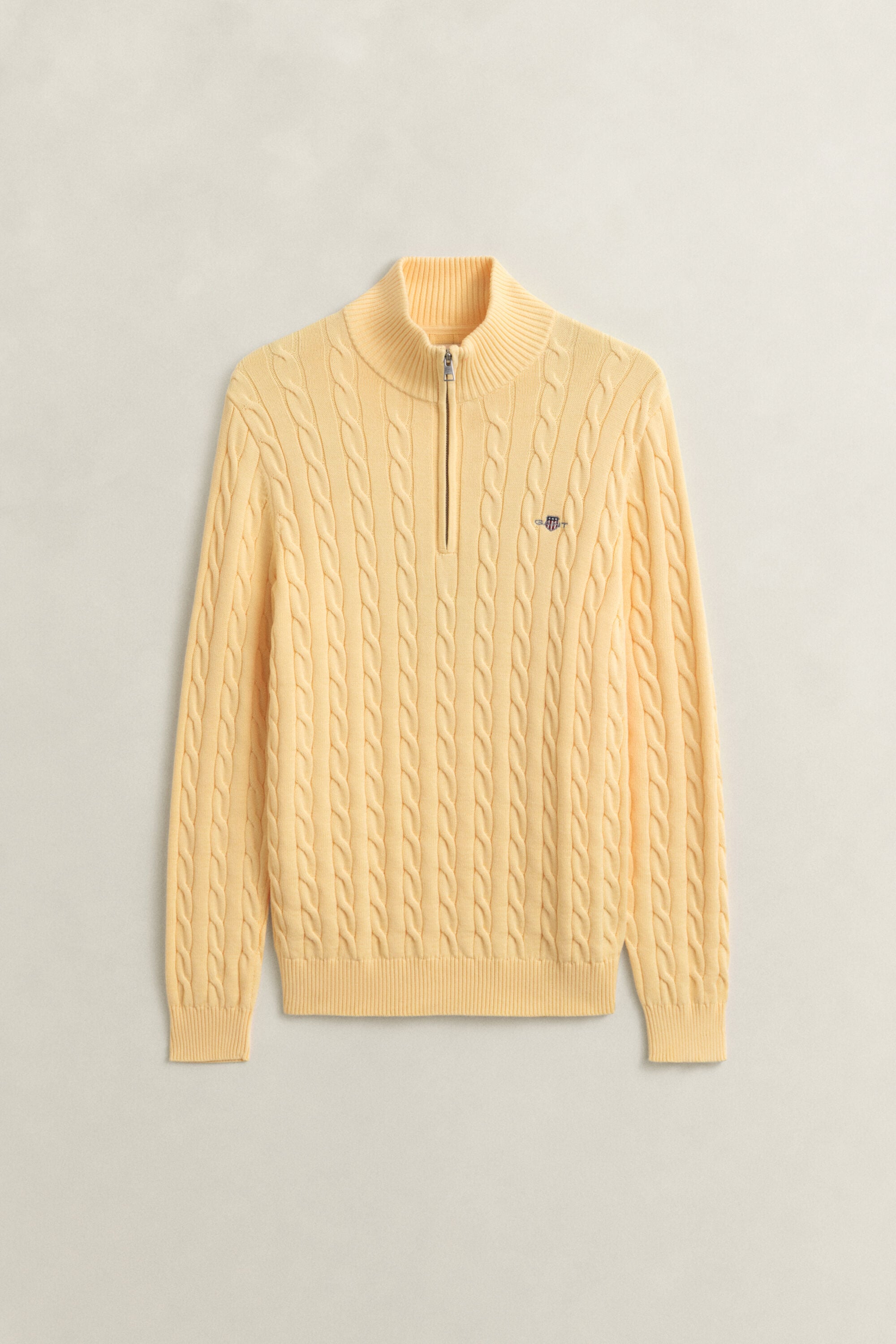 Kabelstrikket sweater af bomuld med halv lynlås