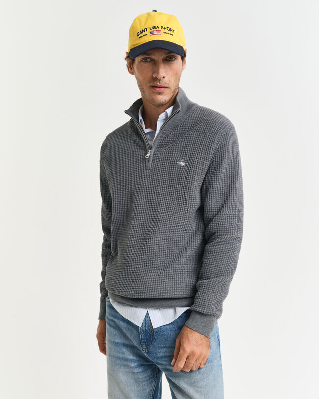 Tekstureret sweater af bomuld med halv lynlås